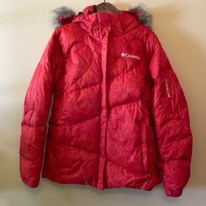 Red Columbia ski jacket with fur-trimmed hood